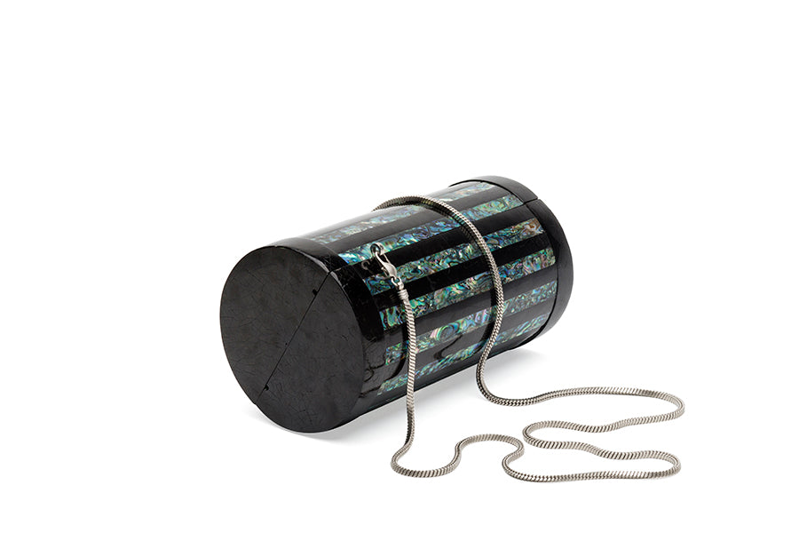 Nathalie Trad Alexis Clutch Bag-Black Tab Polish Shell and Paua Blue Shell Clutch With Brass Detail it has the Option to Come With or Without a Handcrafted Shell Chain Handle 