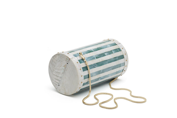 Nathalie Trad Alexis Clutch Bag-Teal Hammer shell and Kabibe shell clutch with brass detail. It has the option to come without, or with a handcrafted shell chain handle