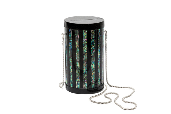 Nathalie Trad Alexis Clutch Bag-Black Tab Polish Shell and Paua Blue Shell Clutch With Brass Detail it has the Option to Come With or Without a Handcrafted Shell Chain Handle 