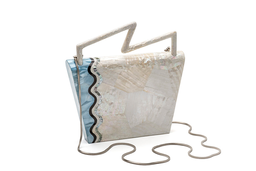 Nathalie Trad Felix Handbag-Kabibe & Aqua Hammer Shell Handbag with Black Tab and Black Lip Hayang Shell details.