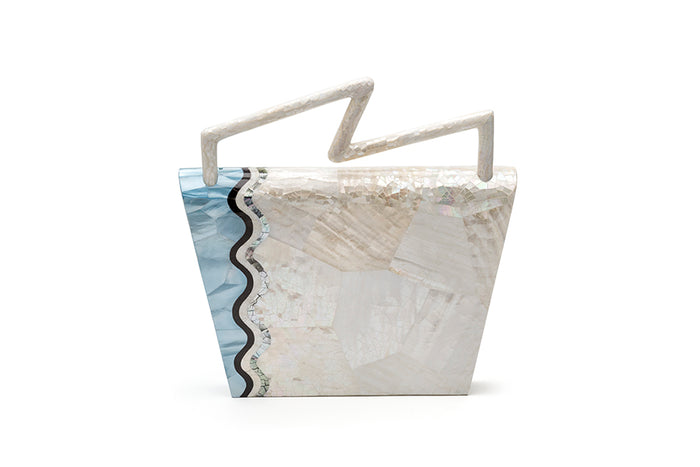 Nathalie Trad Felix Handbag-Kabibe & Aqua Hammer Shell Handbag with Black Tab and Black Lip Hayang Shell details.