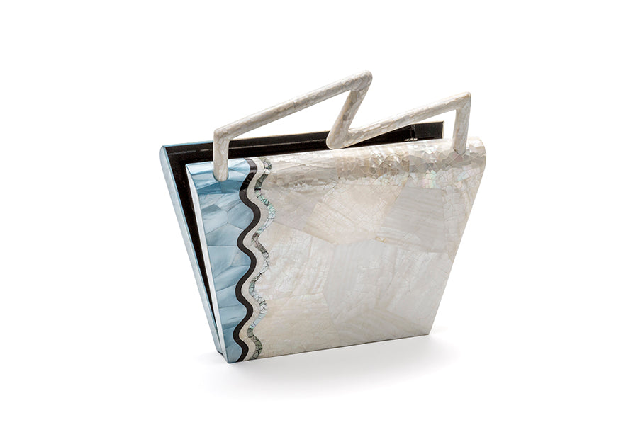 Nathalie Trad Felix Handbag-Kabibe & Aqua Hammer Shell Handbag with Black Tab and Black Lip Hayang Shell details.