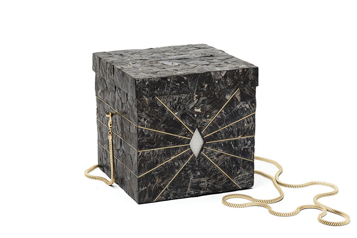 Nathalie Trad Leonard I Clutch Bag- Black Tab Raw and Kabibe shell clutch with brass details.