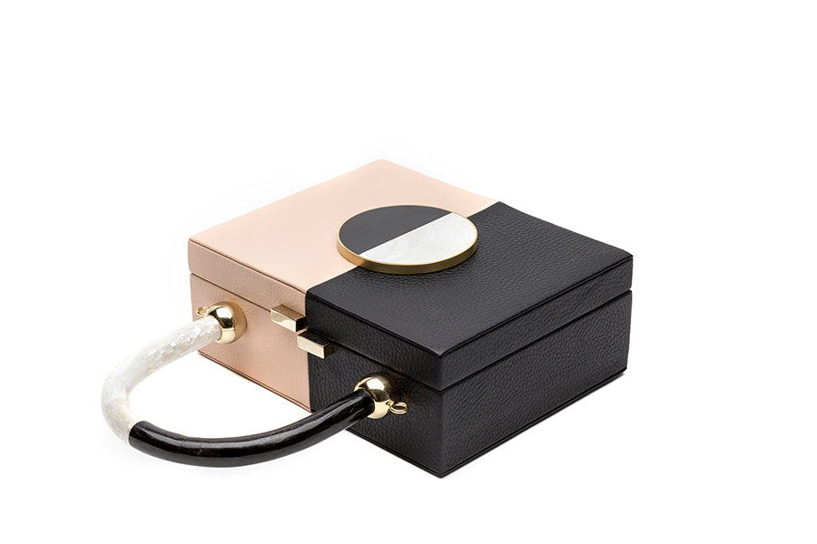 Nathalie Trad Otto HandBag-black and nude leather clutch bag with Black Lip and Kabibe shell component details.