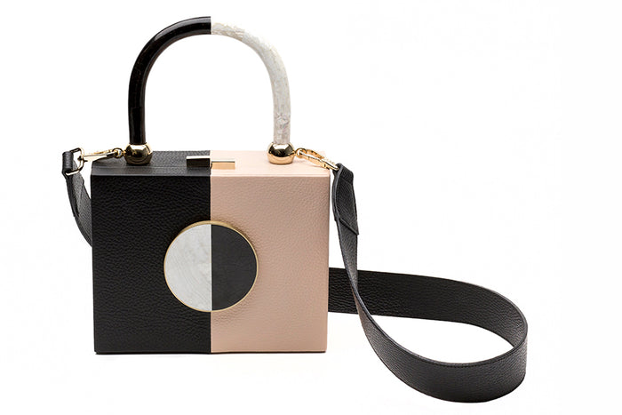 Nathalie Trad Otto Clutch Bag-black and nude leather clutch bag with Black Lip and Kabibe shell component details.