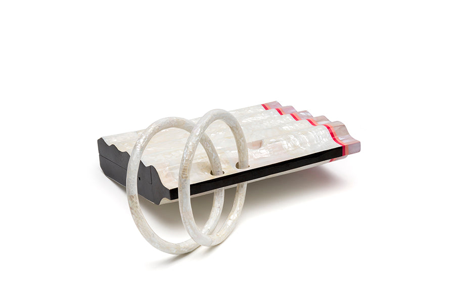 Nathalie Trad Salvador Clutch Bag- Kabibe shell clutch with Black Tab, Cherry Resin and Rose Hammer shell details.