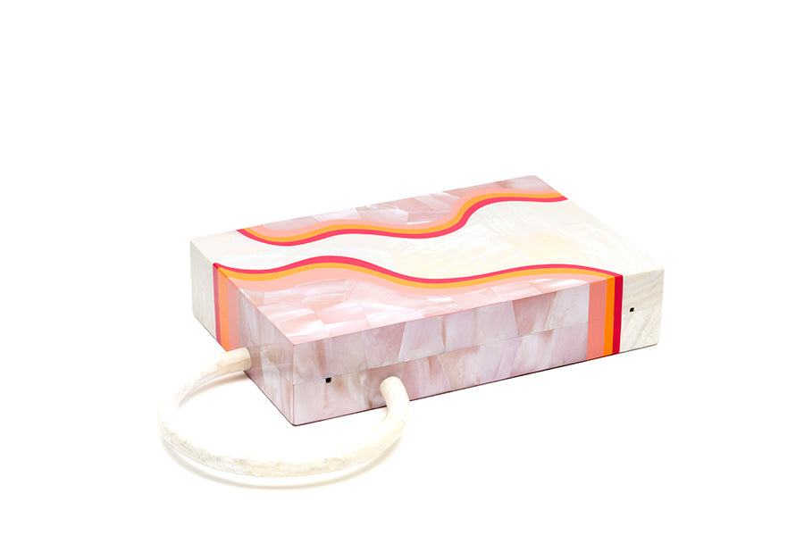 Nathalie Trad Sol Clutch Bag- Kabibe shell clutch bag with rose hammer shell, fruit punch resin details