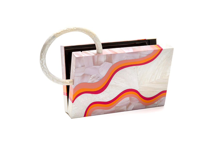 Nathalie Trad Sol Clutch Bag- Kabibe shell clutch bag with rose hammer shell, fruit punch resin details