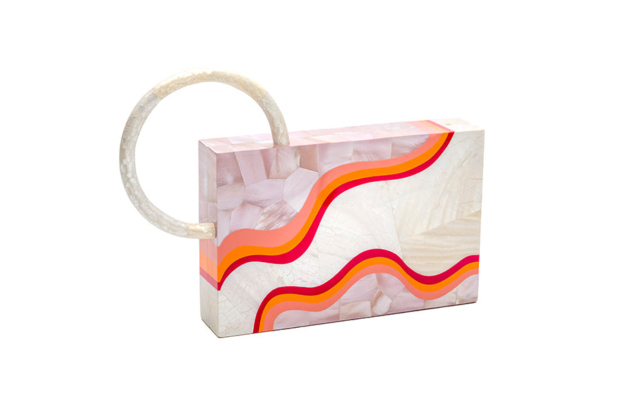 Nathalie Trad Sol Clutch Bag- Kabibe shell clutch bag with rose hammer shell, fruit punch resin details