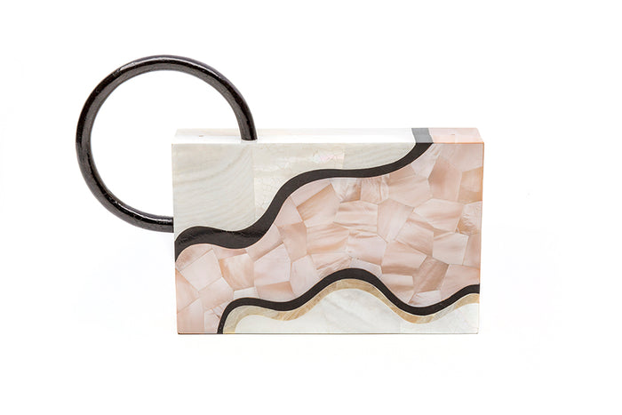 Nathalie Trad Sol Clutch Bag- Kabibe shell clutch bag with Blush Hammer shell, Black Tab shell and stone details